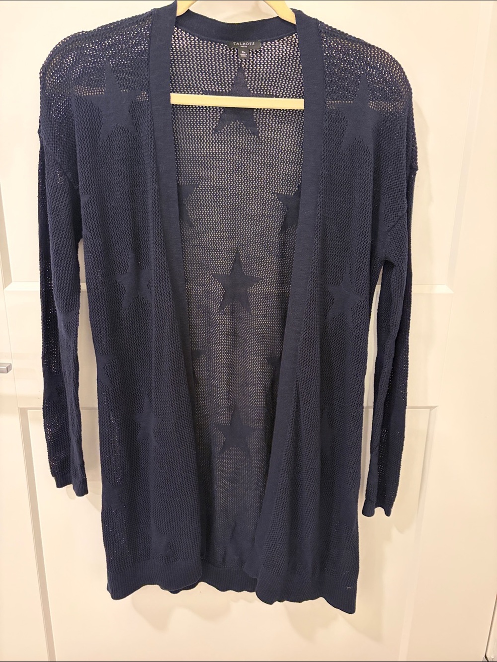 Talbots Navy Open-Front Star Knit Cardigan
